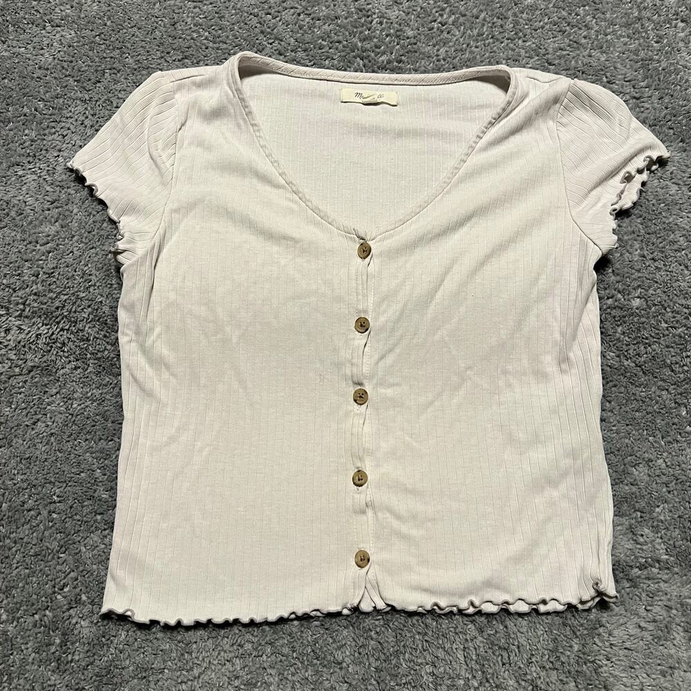 Madewell Cream Ribbed Button-Front Short Sleeve Top